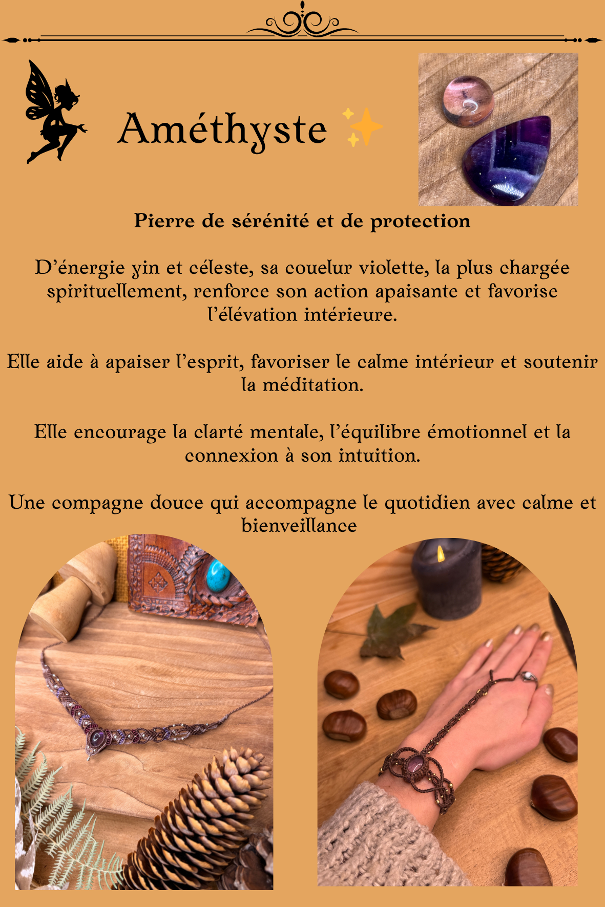 Bijoux en Améthyste montés en micro-macramé – collier et bracelet en pierre violette naturelle