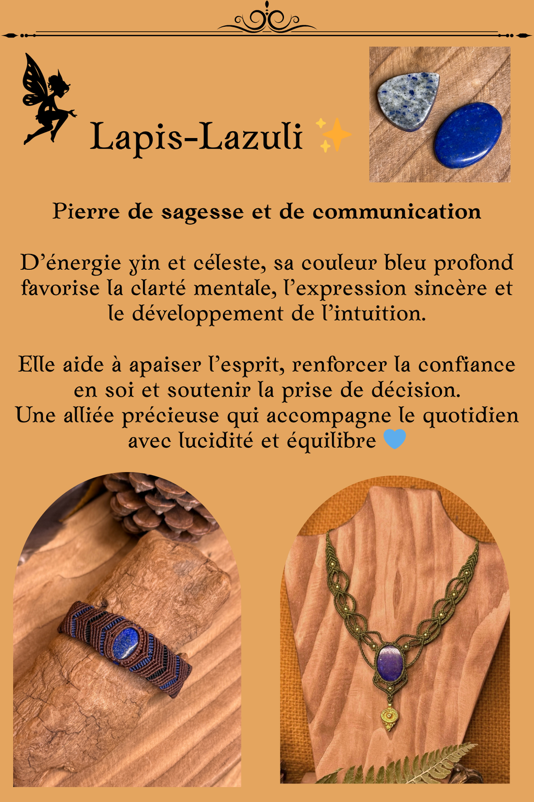 Bijoux en Lapis-Lazuli montés en micro-macramé – bracelet et collier en pierre bleue naturelle