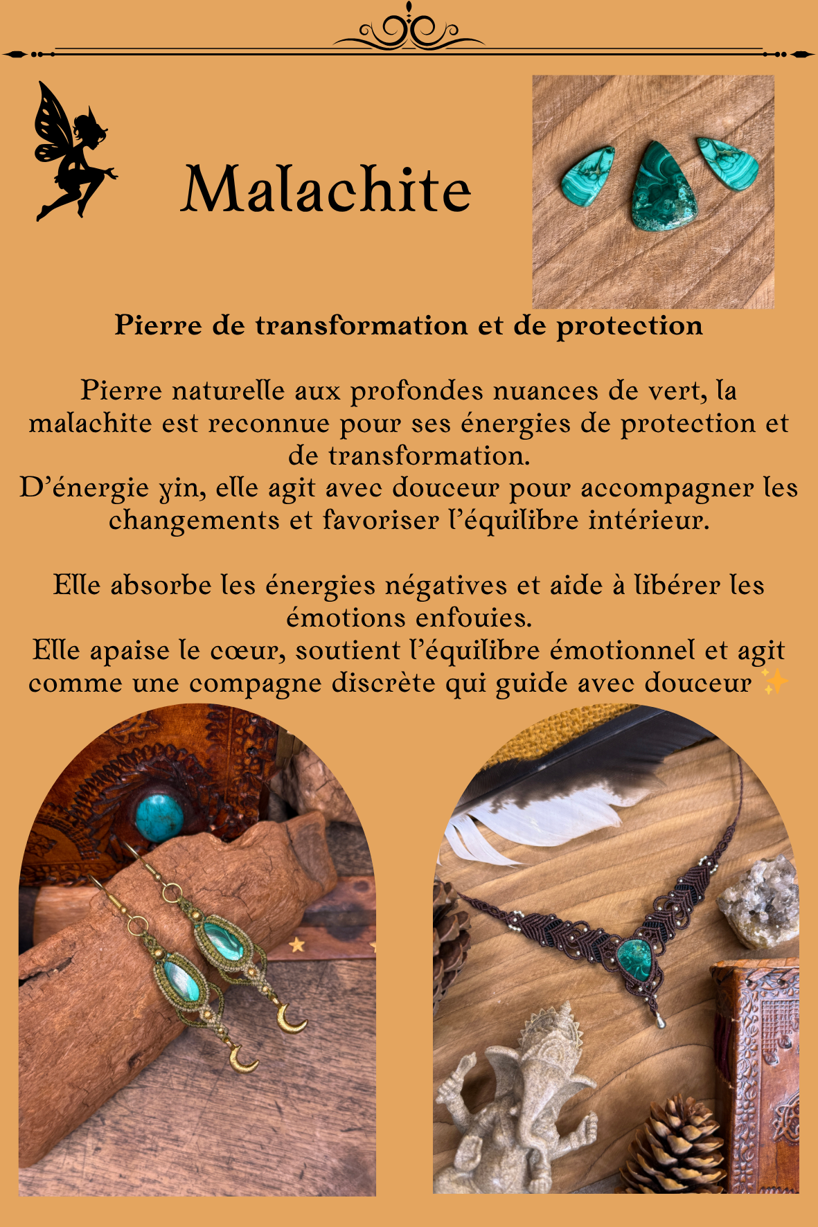 Bijoux en Malachite montés en micro-macramé – pierre verte naturelle de transformation