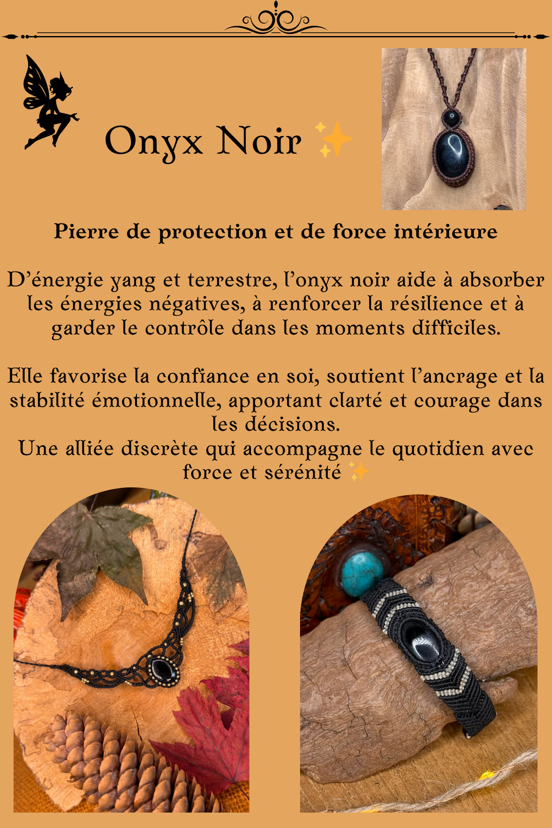 Bijoux en Onyx Noir montés en micro-macramé – collier et bracelet en pierre noire naturelle