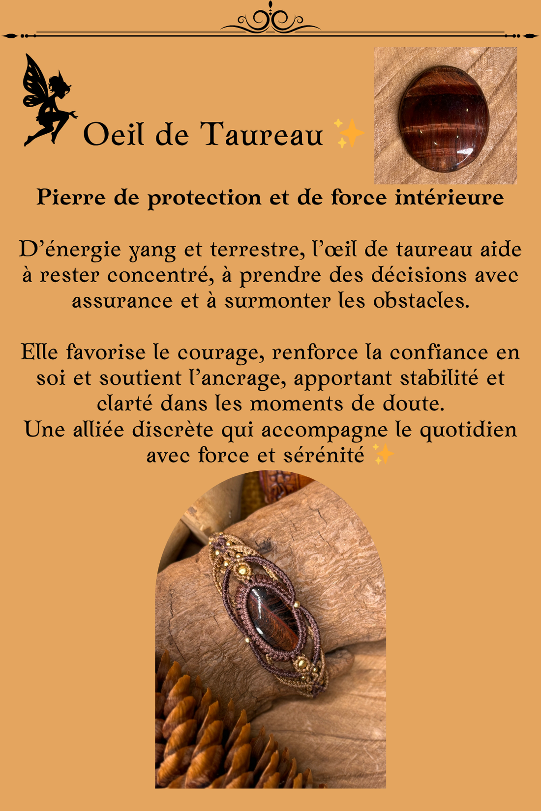 Bracelet en Oeil de Taureau monté en micro-macramé – pierre brun-roux naturelle de protection