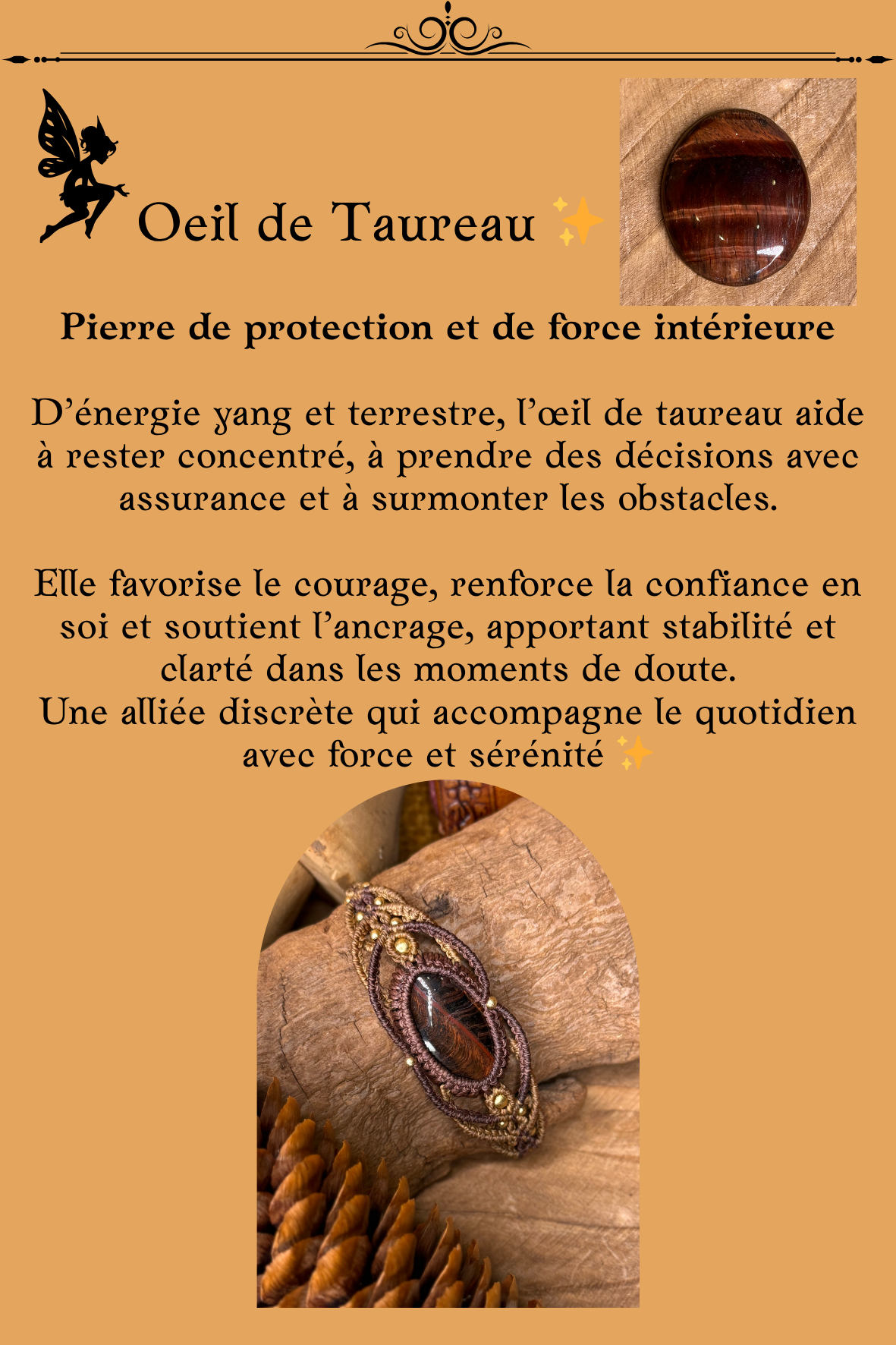 Bracelet en Oeil de Taureau monté en micro-macramé – pierre brun-roux naturelle de protection