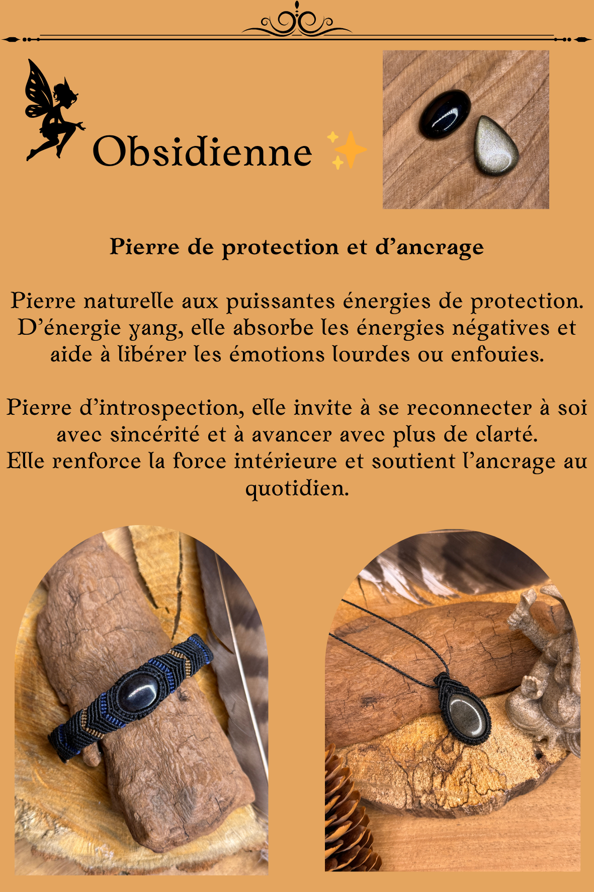 Bijoux en Obsidienne montés en micro-macramé – bracelet et pendentif en pierre noire naturelle