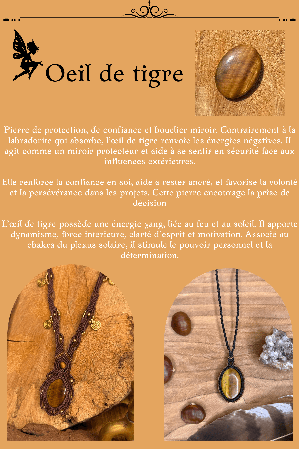 Infographie sur l'œil de tigre – pierre de protection, confiance et énergie solaire, avec bijoux en micro-macramé