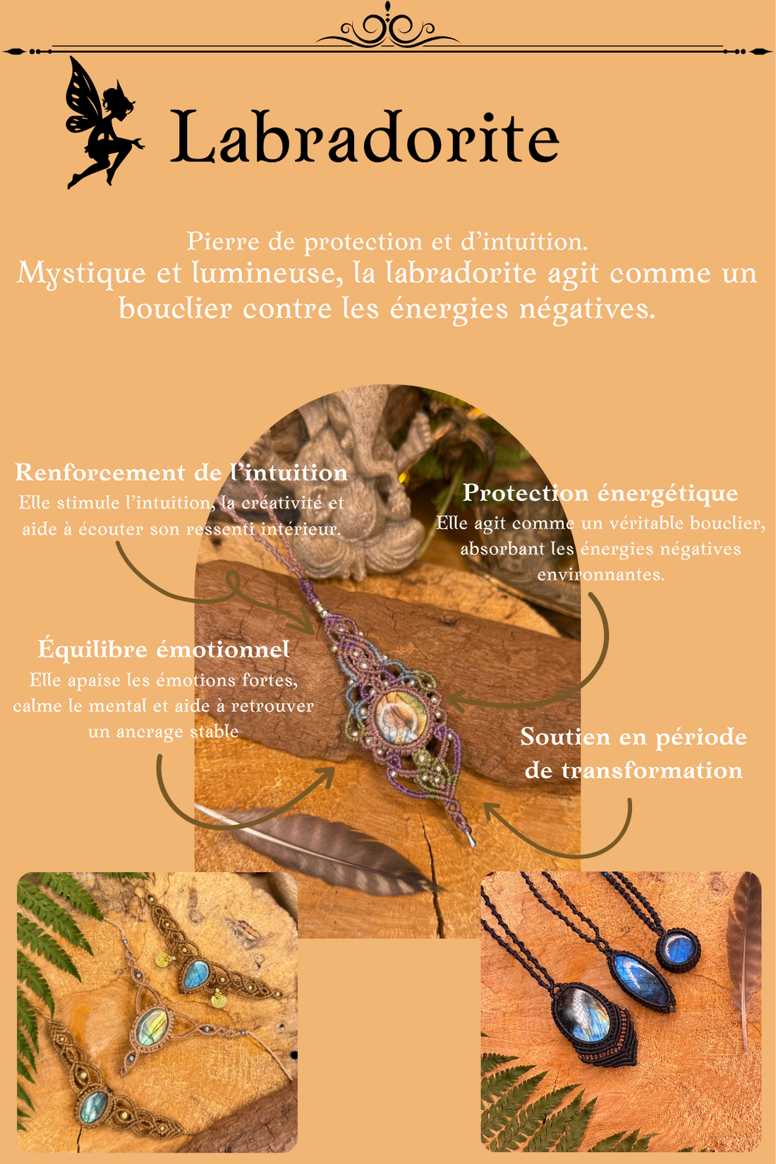 Bijoux en micro-macramé avec pierre de labradorite - Propriétés et bienfaits