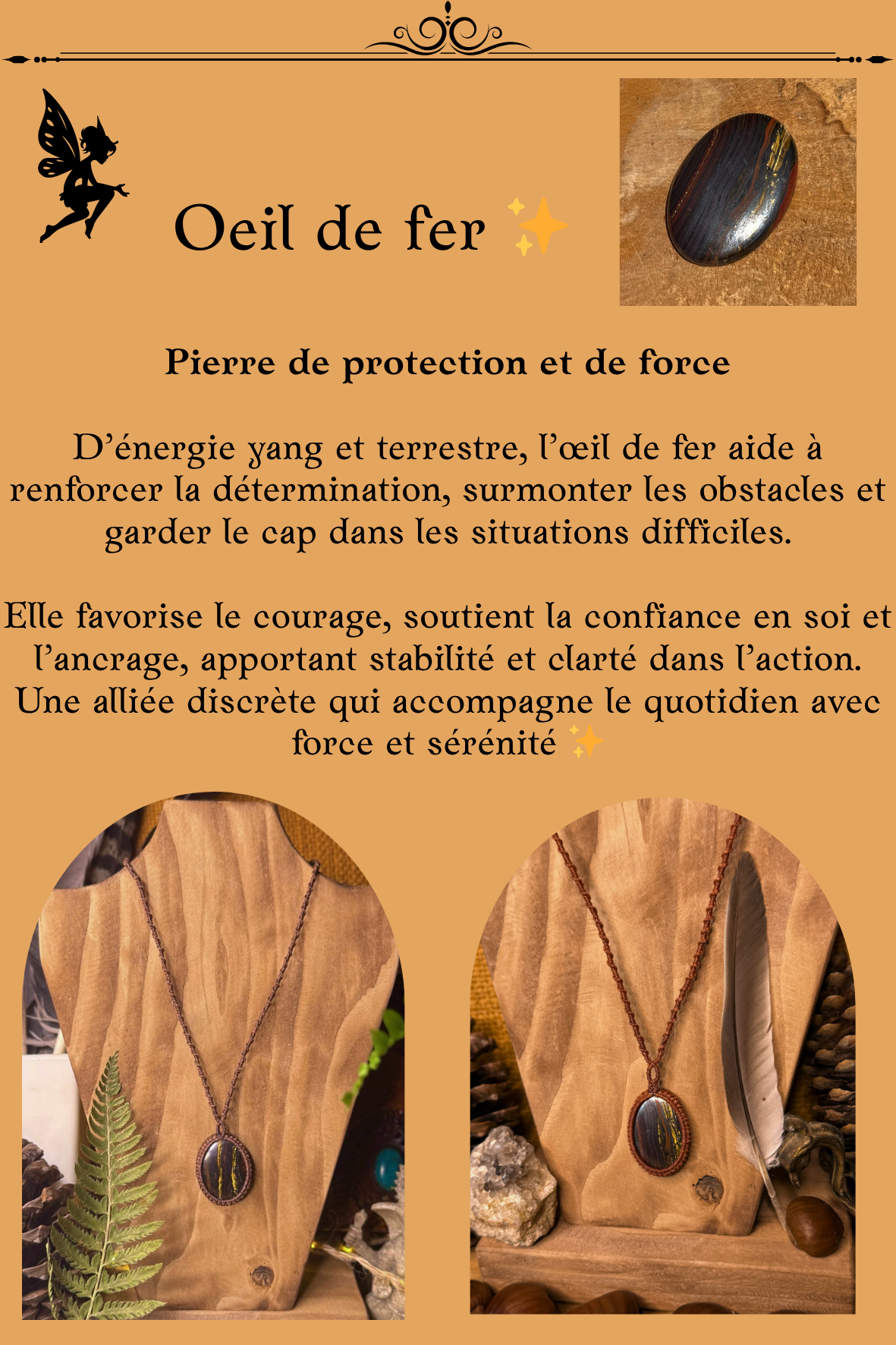 Colliers en Oeil de Fer montés en micro-macramé – pierre sombre naturelle de protection et de force