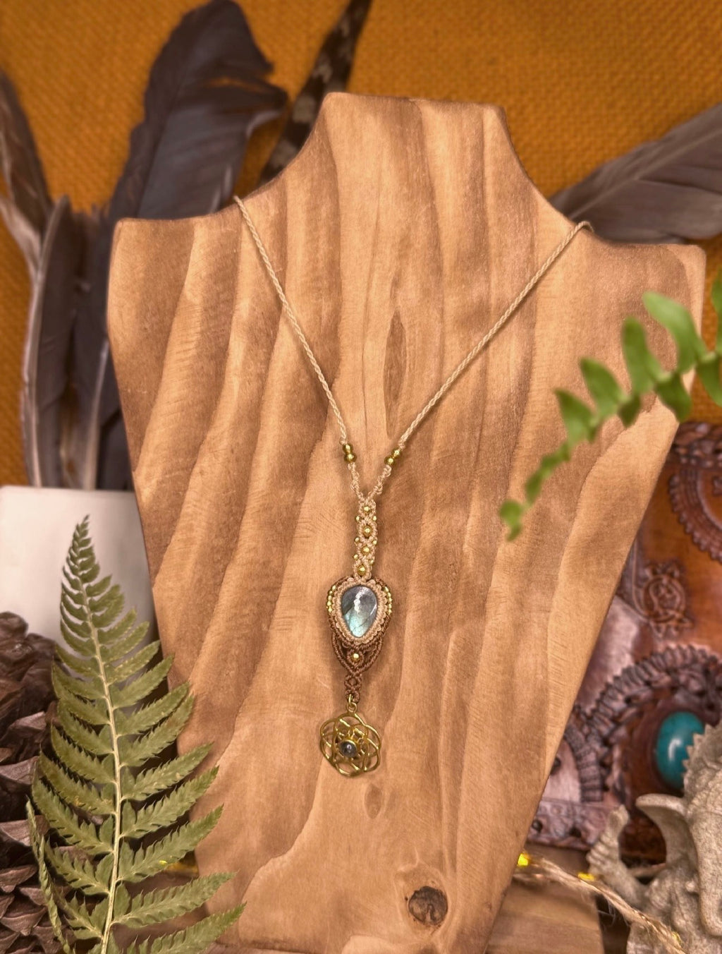 Necklace • long necklace with a labradorite stone and brass pendant