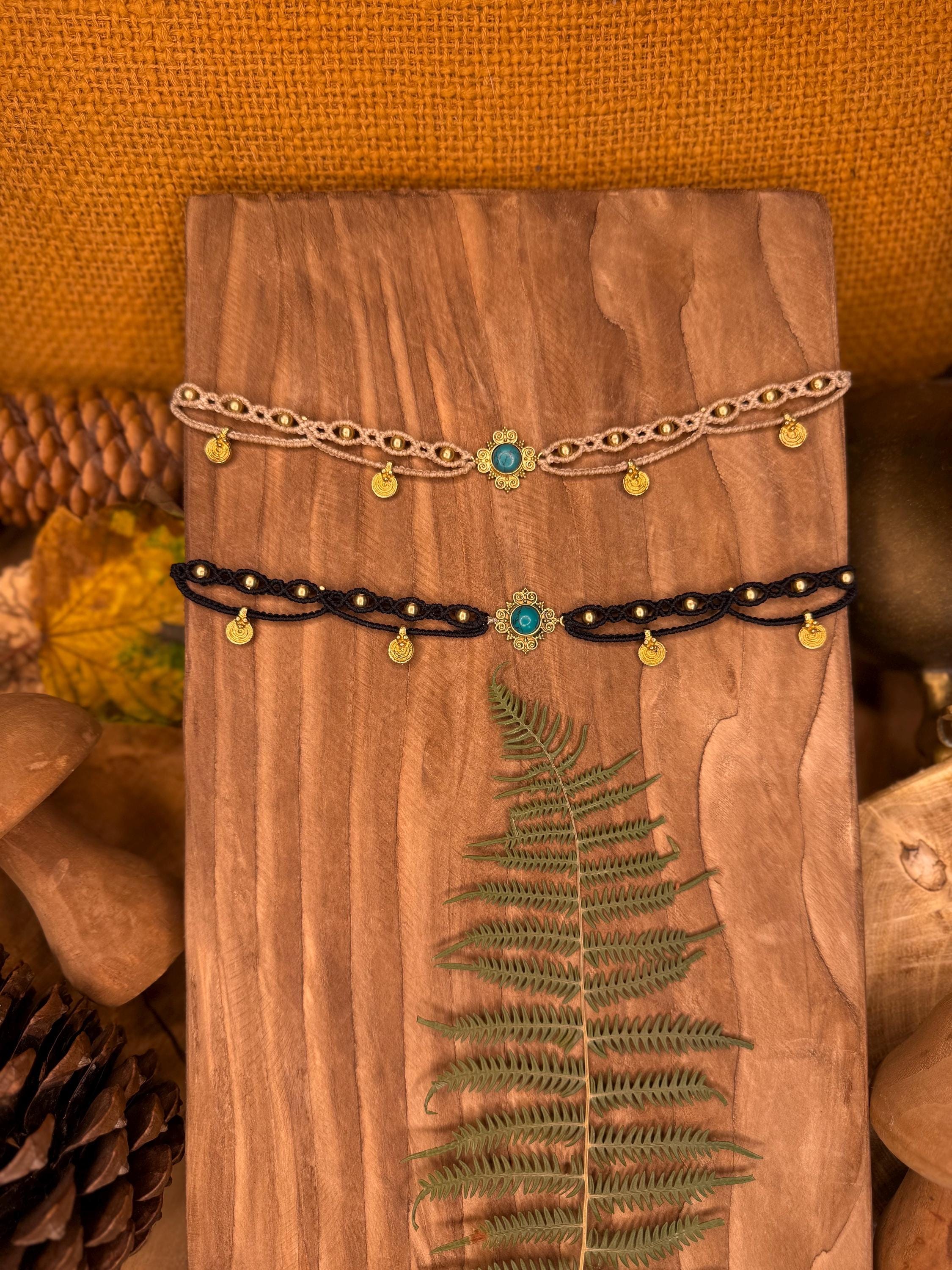 Diadème • Tour de cou • breloque en laiton et pierre de Turquoise (Neckband-ras de cou) médiéval renaissance