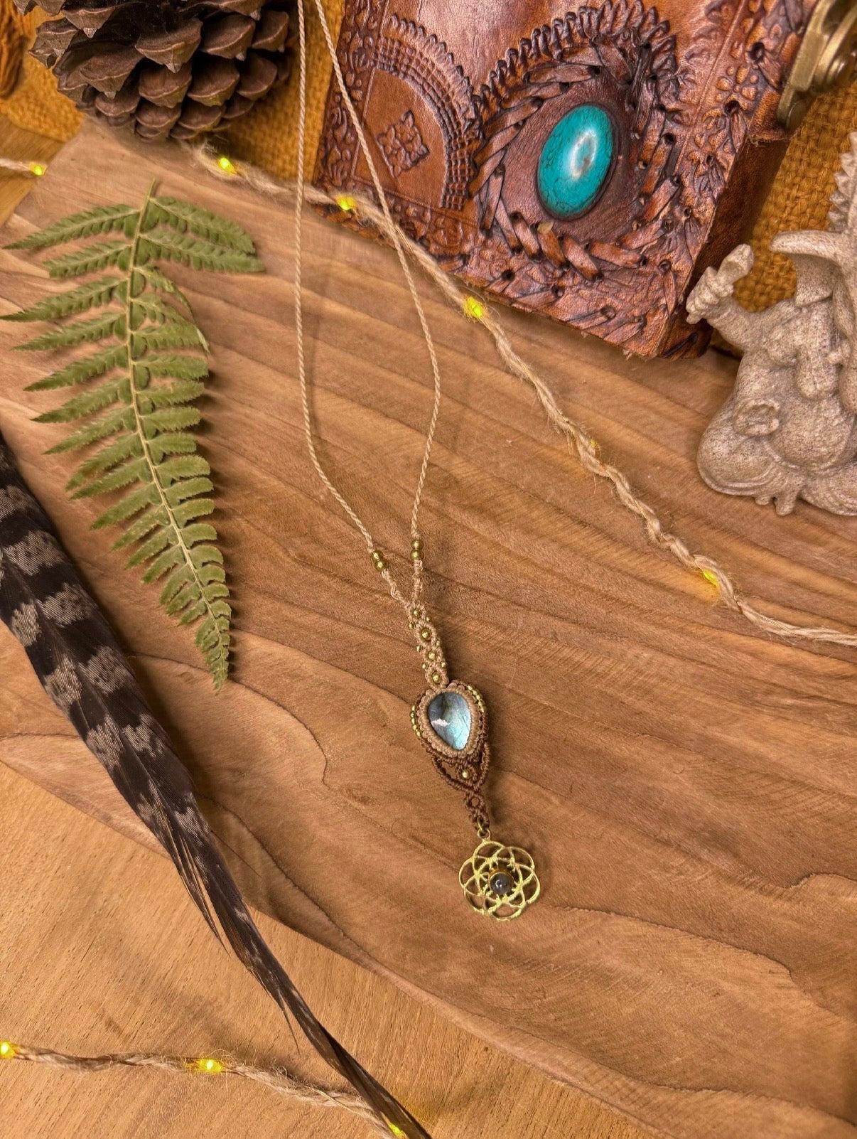 Necklace • long necklace with a labradorite stone and brass pendant