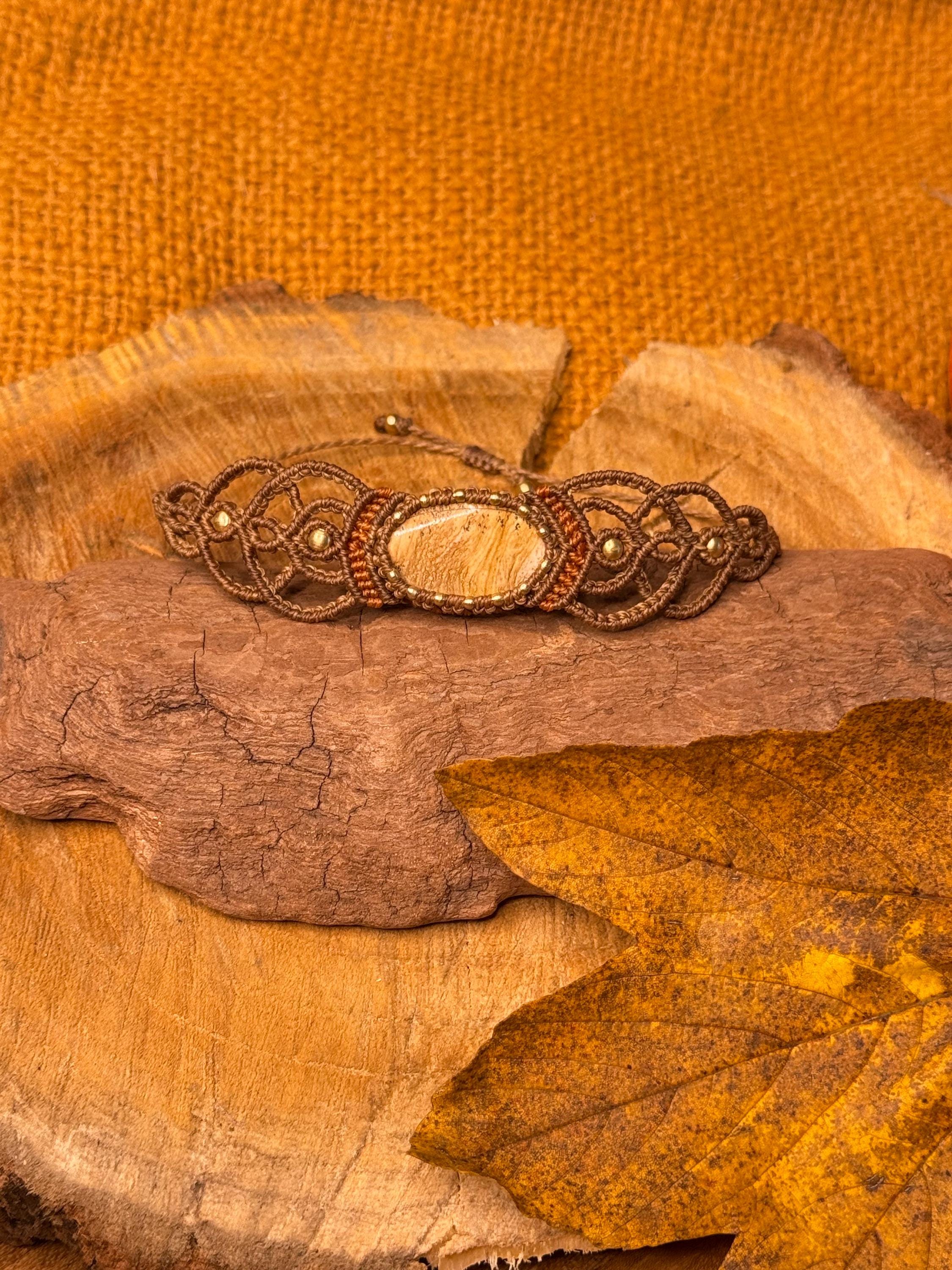 bracelet fait main micro-macramé pierre naturelle jaspe paysage - bracelet hippie - bracelet bohème cadeau énergétique