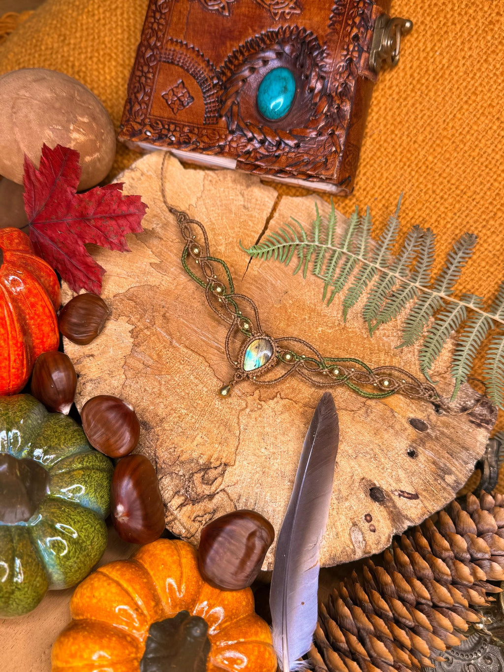 Collier / Tour de cou fait main micro-macramé avec pierre naturelle labradorite (Neckband-ras de cou) collier hippie - collier bohème