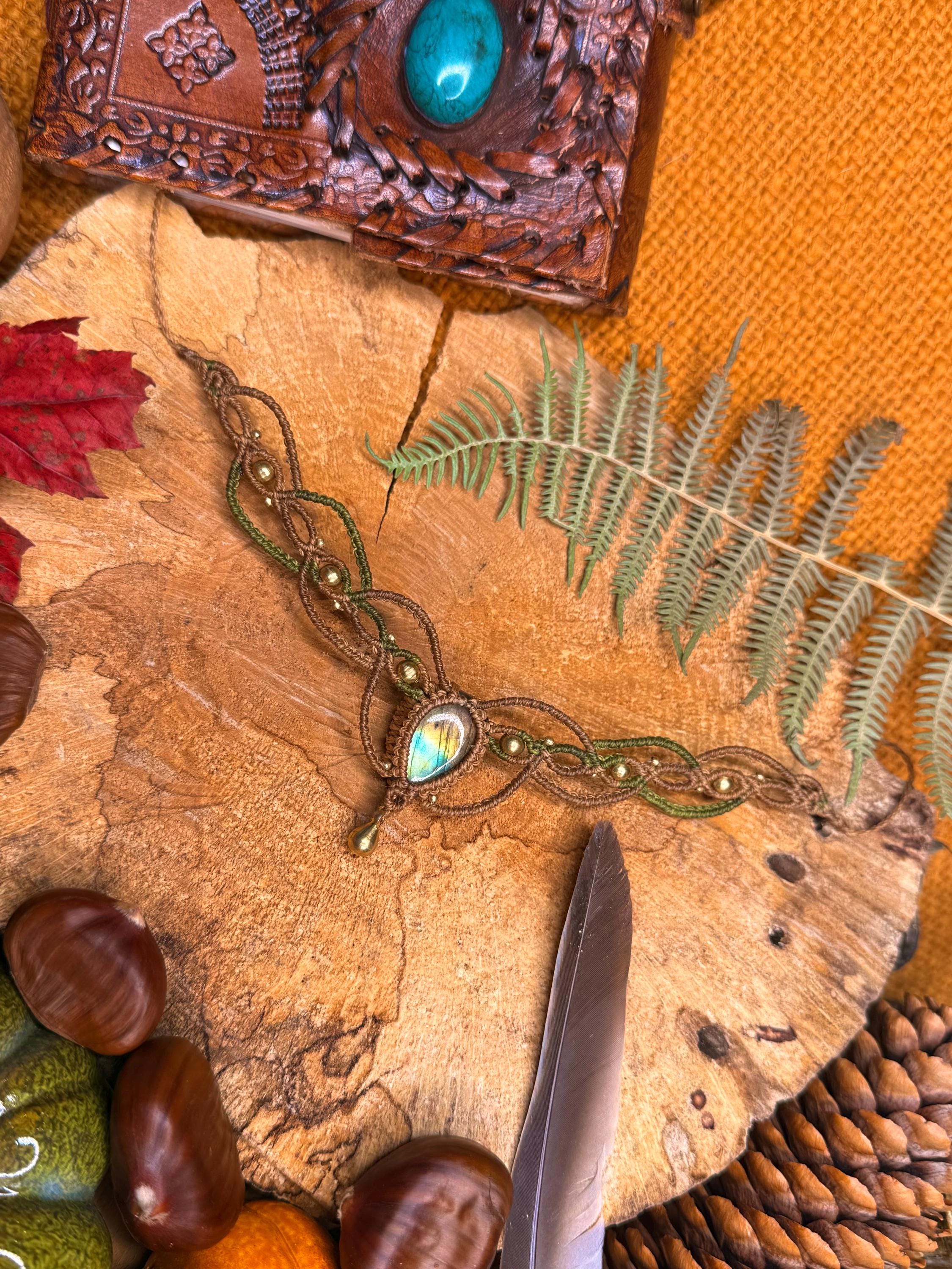 Collier / Tour de cou fait main micro-macramé avec pierre naturelle labradorite (Neckband-ras de cou) collier hippie - collier bohème