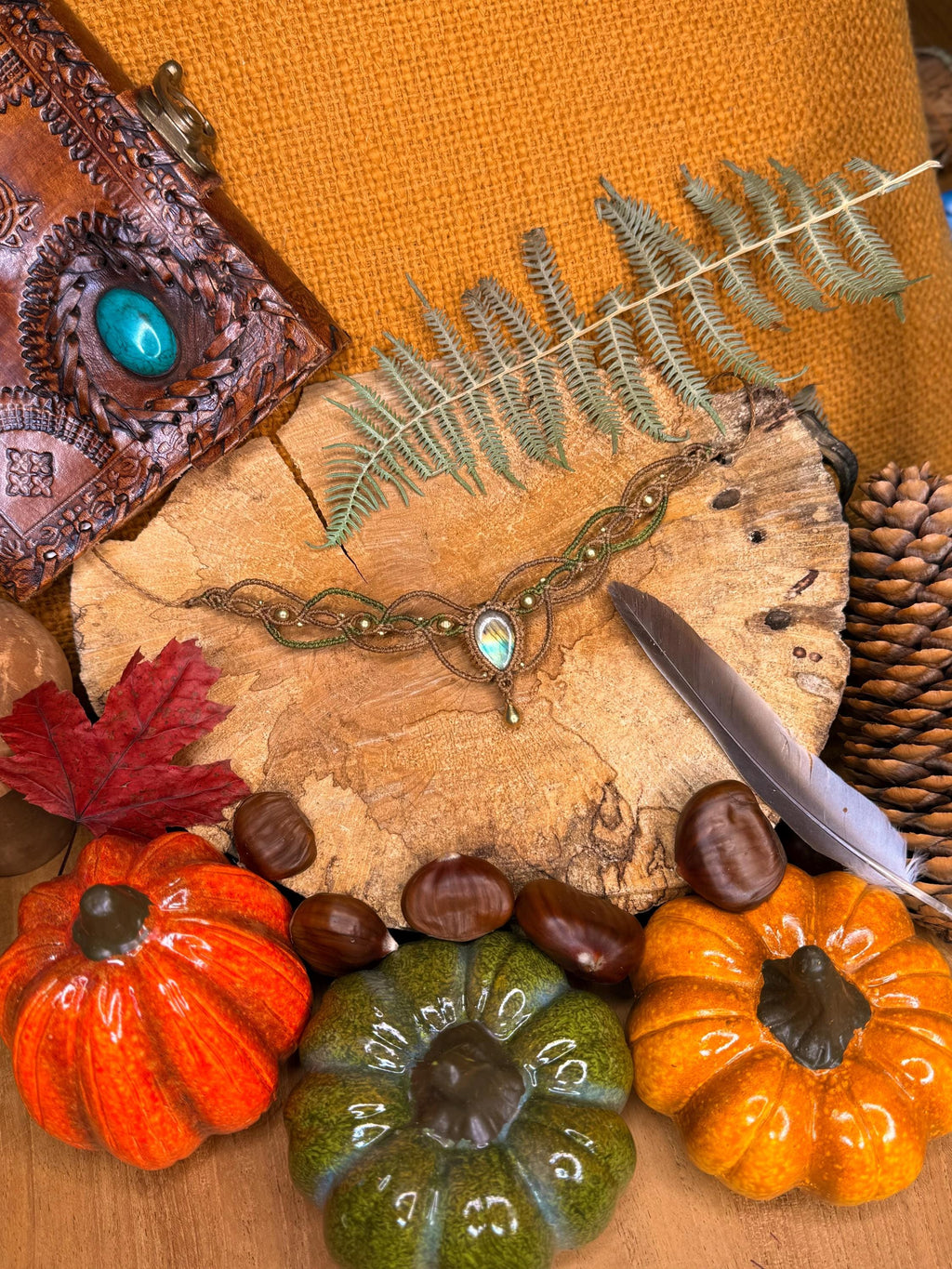 Collier / Tour de cou fait main micro-macramé avec pierre naturelle labradorite (Neckband-ras de cou) collier hippie - collier bohème