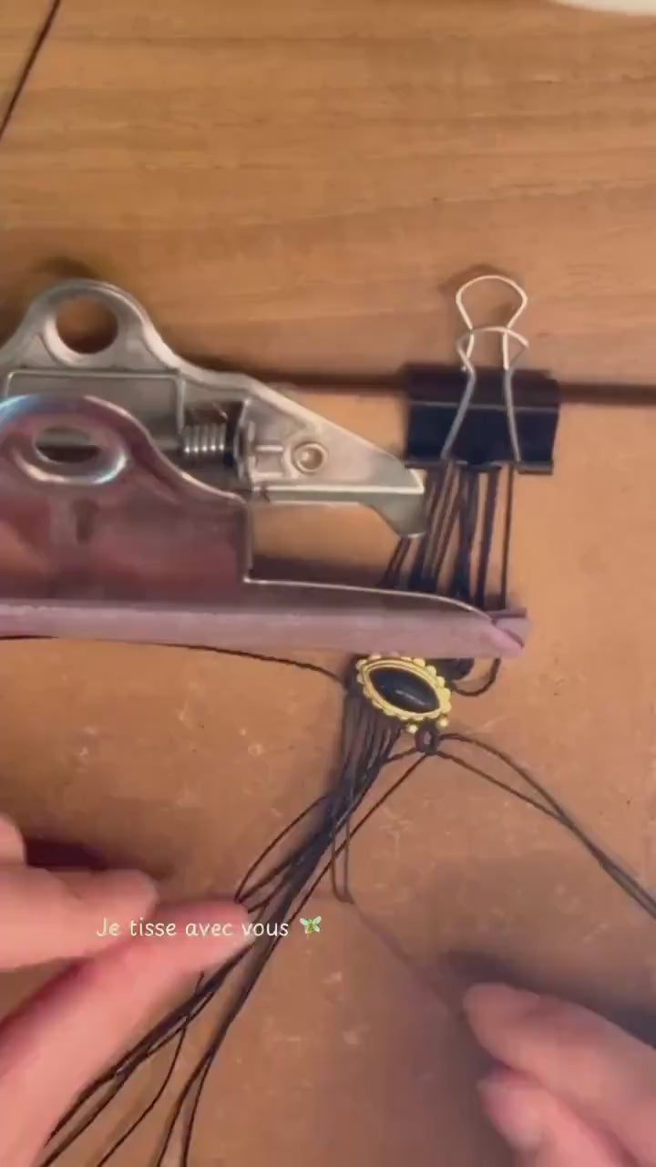 Diadème - Tour de cou fait main micro-macramé avec pierre naturelle d’onyx noir et amazonite (Neckband-ras de cou)  hippie bohème médiéval